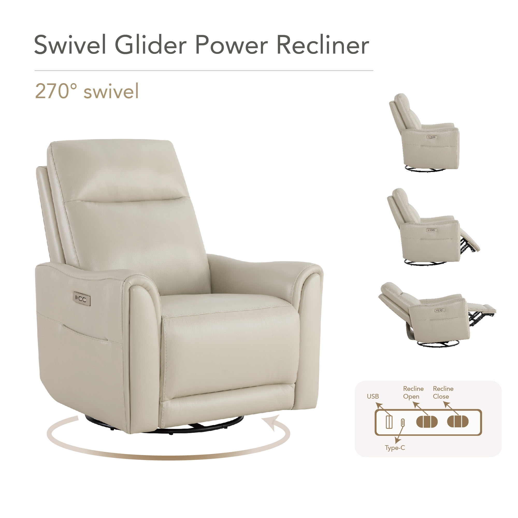Spruce & Spring Genuine Leather Power Swivel Glider Recliner for Nursery, Light Grey