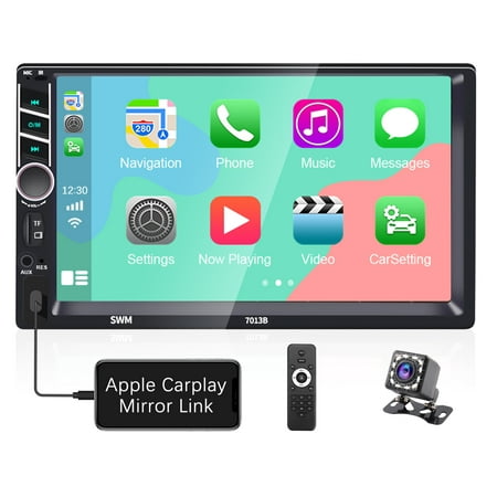 Double Din 7 inch Car Stereo with Bluetooth in-Dash HD Touchscreen Car Radio Receiver MP5 Player with Apple Carplay Android Auto Mirror Link FM/USB/TF/Aux-in,with 12 LED Rear Camera