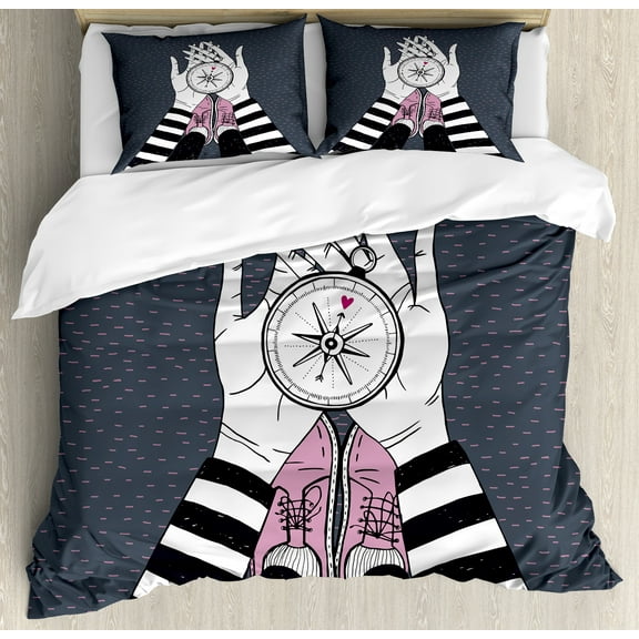 Compass Duvet Cover Set, Searching for Love Girl Holding a Navigation Device Hand Drawn Image Print, Decorative 3 Piece Bedding Set with 2 Pillow Shams, Calking Size, Blue Grey White, by Ambesonne