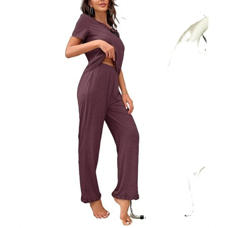 

Women s Pajama Sets Maroon Cute Plain V neck Pant Sets Short Sleeve