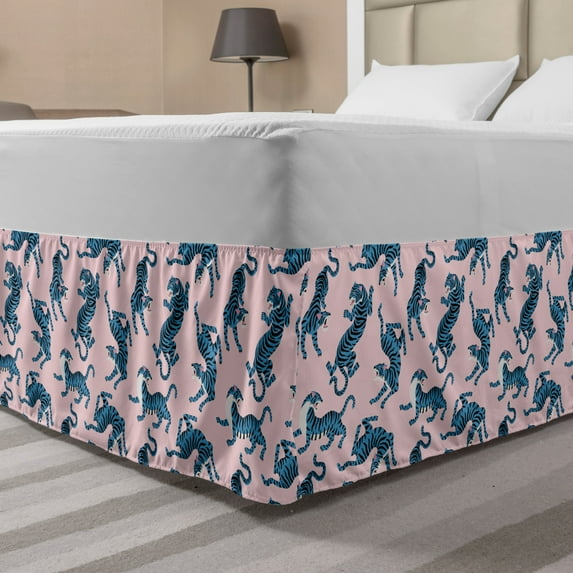 Asian Bed Skirt, Art Print of Wildlife Tigers in Abstract Colors Dangerous Jungle Creatures, Elastic Bedskirt Dust Ruffle Wrap Around for Bedding Decor, 4 Sizes, Sea Blue and Rose, by Ambesonne