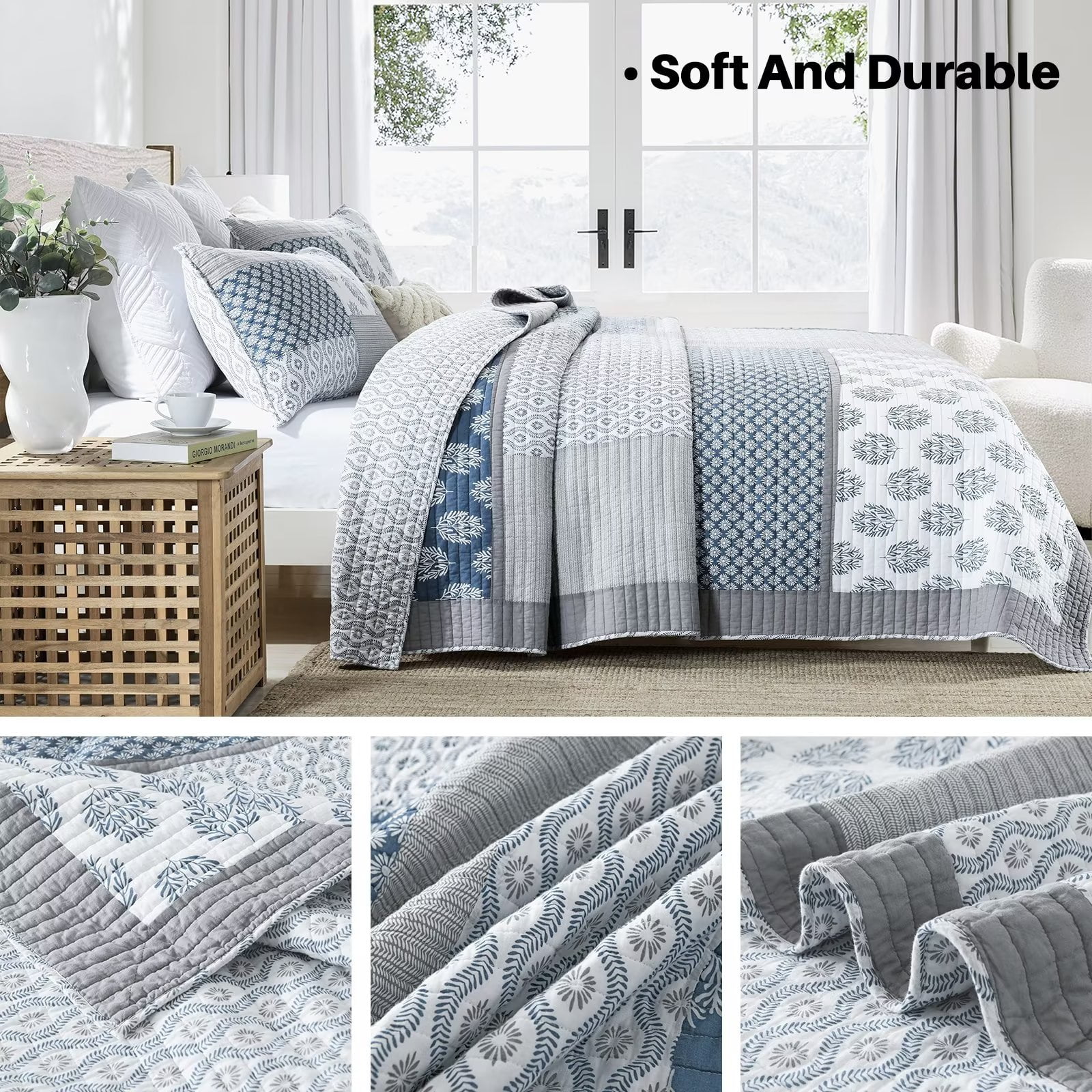 Bedduvit Queen Size Quilt Set - 100% Cotton Blue Gray Floral Real-Patchwork Plaid Striped Farmhouse Bedspread for Queen Bed, Reversible Lightweight Spring/Winter Comforter Bedding Set, 3-Piece 98"x90"