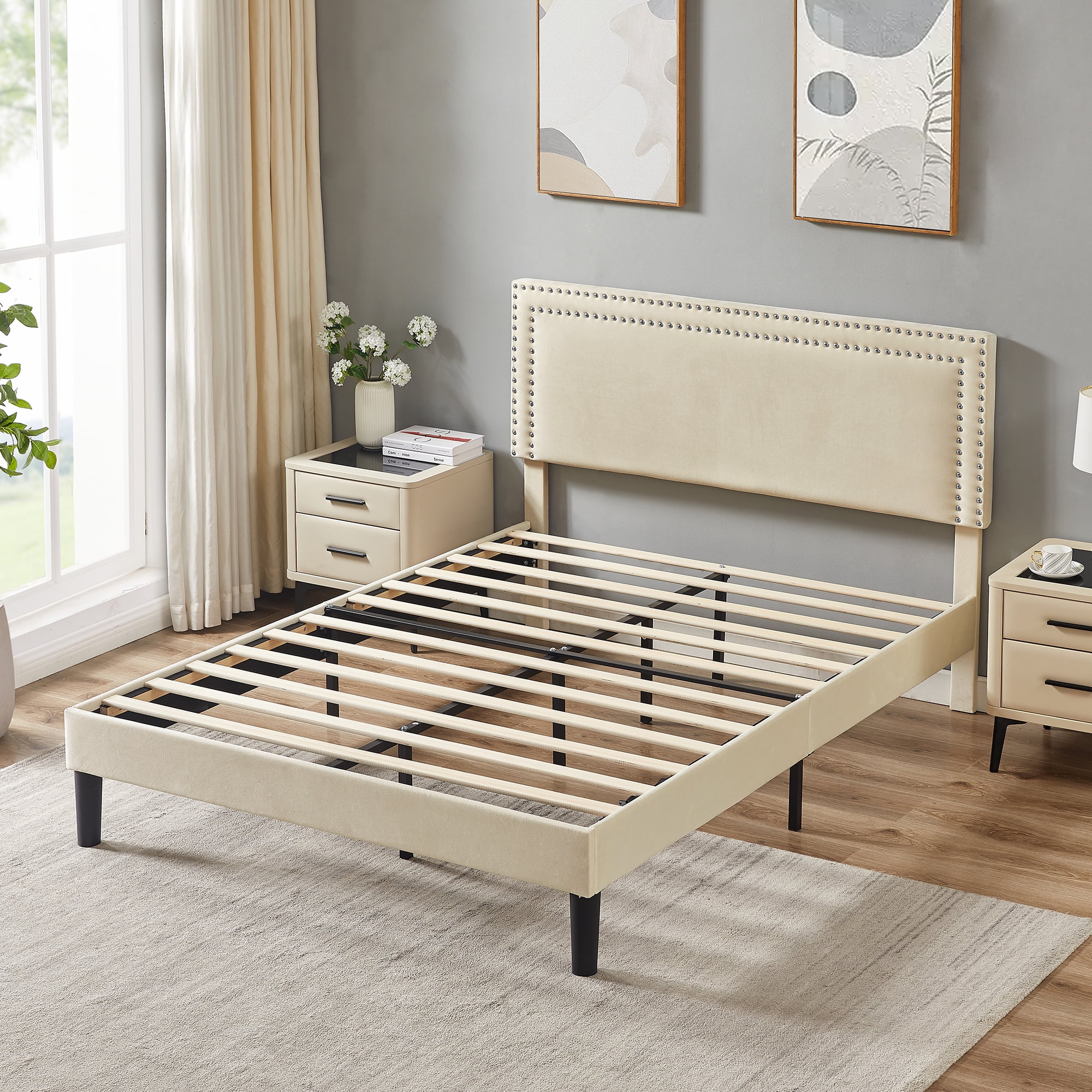 VECELO Queen Size Platform Bed Frame with Adjustable Height Upholstered Headboard, Strong Wood Slat Support, No Box Spring Needed, Beige