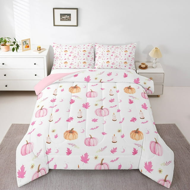 YST Ensemble de Literie Récolte d'Automne pour Chambre d'Enfants Ensemble de Literie Jour de l'Action de Grâce Feuilles de Citrouille Couette Rustique d'Automne Ferme Couette Taille Simple avec 1 Taie d'Oreiller, Rose