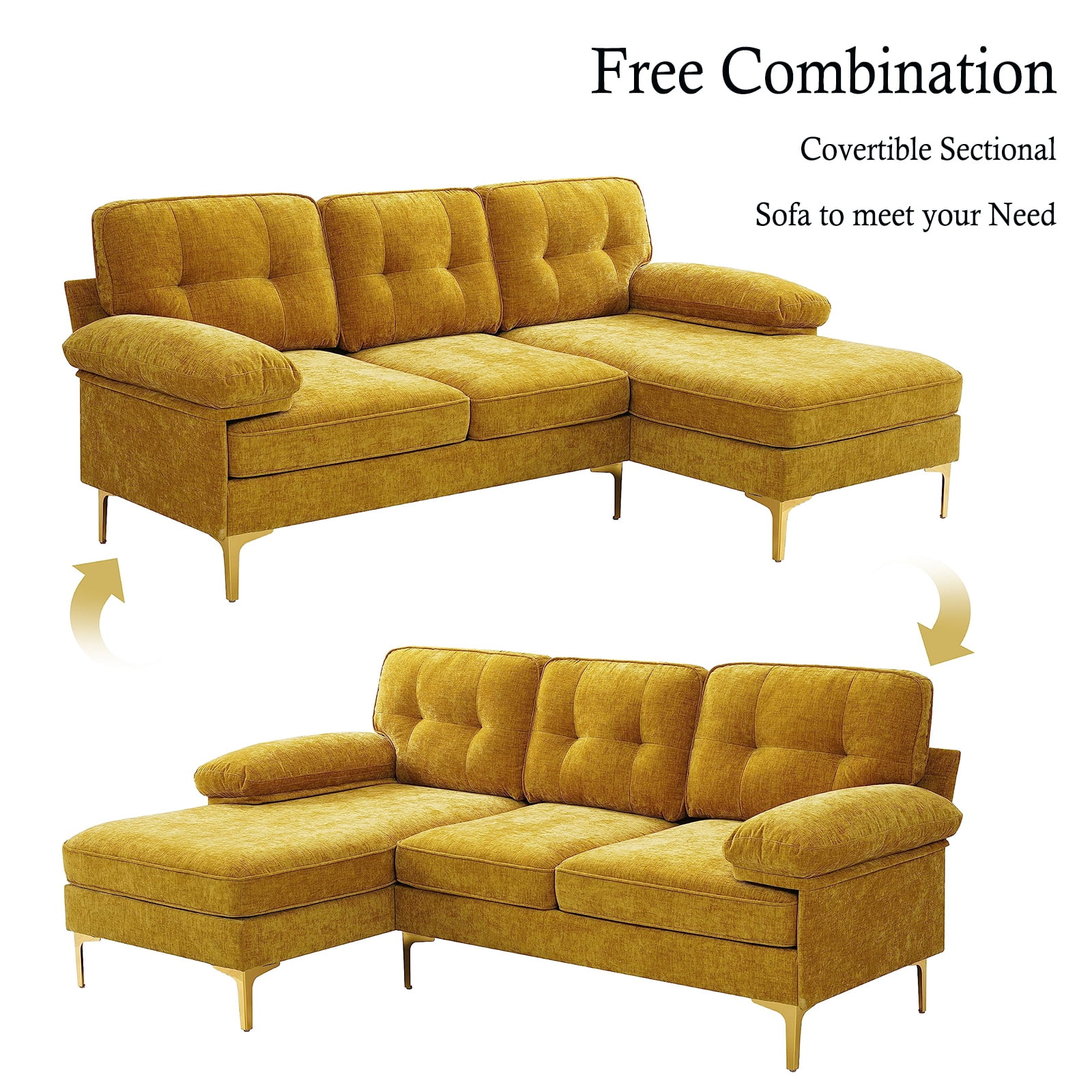 INGALIK Convertible Sectional Sofa Couch, L-Shaped Couch with Reversible Chaise Lounge, Chenille Fabric Modern Sofa for Living Room, Apartment, Office, 3 Seats, Yellow