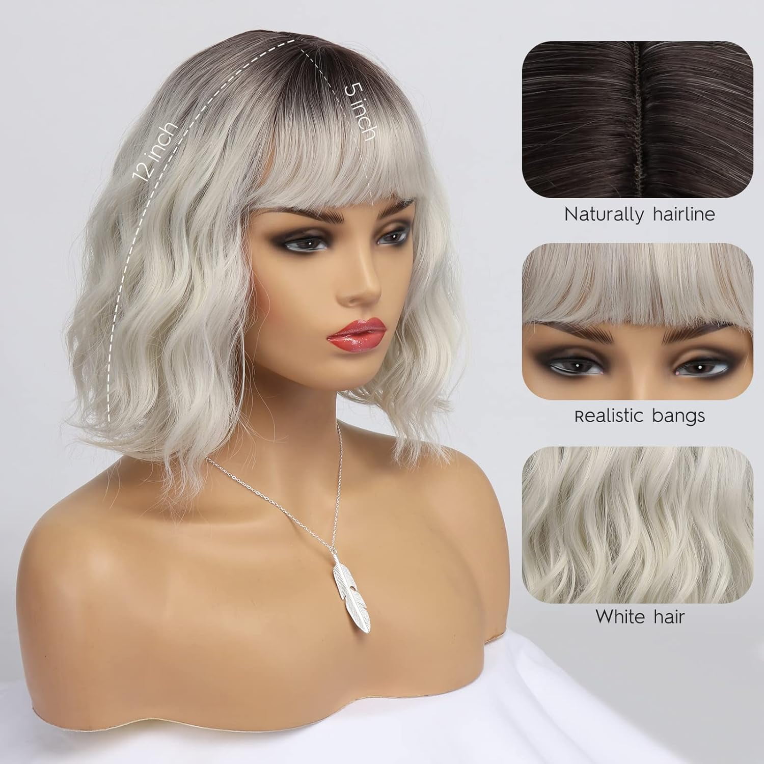 DOPI Short White Silver Wigs for Women Ombre Grey Wavy Bob Wig with Bangs Medium Length Synthetic Hair Water Wave Dark Roots Wig Gray Colorful Wigs（12 Inches）