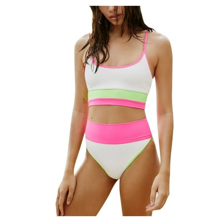 HAPIMO Women s Bikini Swimsuit Summer Seaside Clothes for Girls Color Block Beachwear Tank Top Bathing Suit Triangle Ribbed Swimwear Sets Savings Pink XL