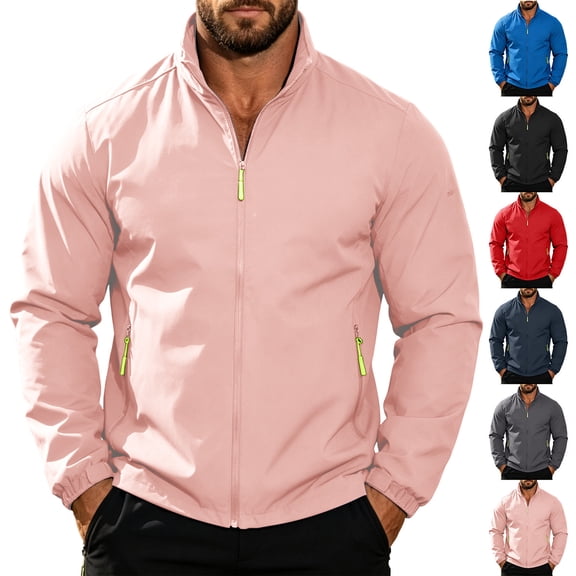Mens Rain Jacket Stand Collar Lightweight Sports Jacket Full Zip Windproof Waterproof Outdoor Hiking Coat with Pockets for Daily Travel Running Workout XL