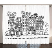 Interestprint Decor Curtains 2 Panels Set, Sketchy Hand Drawn Cartoon House Apartment Trees Kids Nursery Room, Window Drapes for Living Room Bedroom, 108W X 90L Inches, Black and White, by Ambesonne
