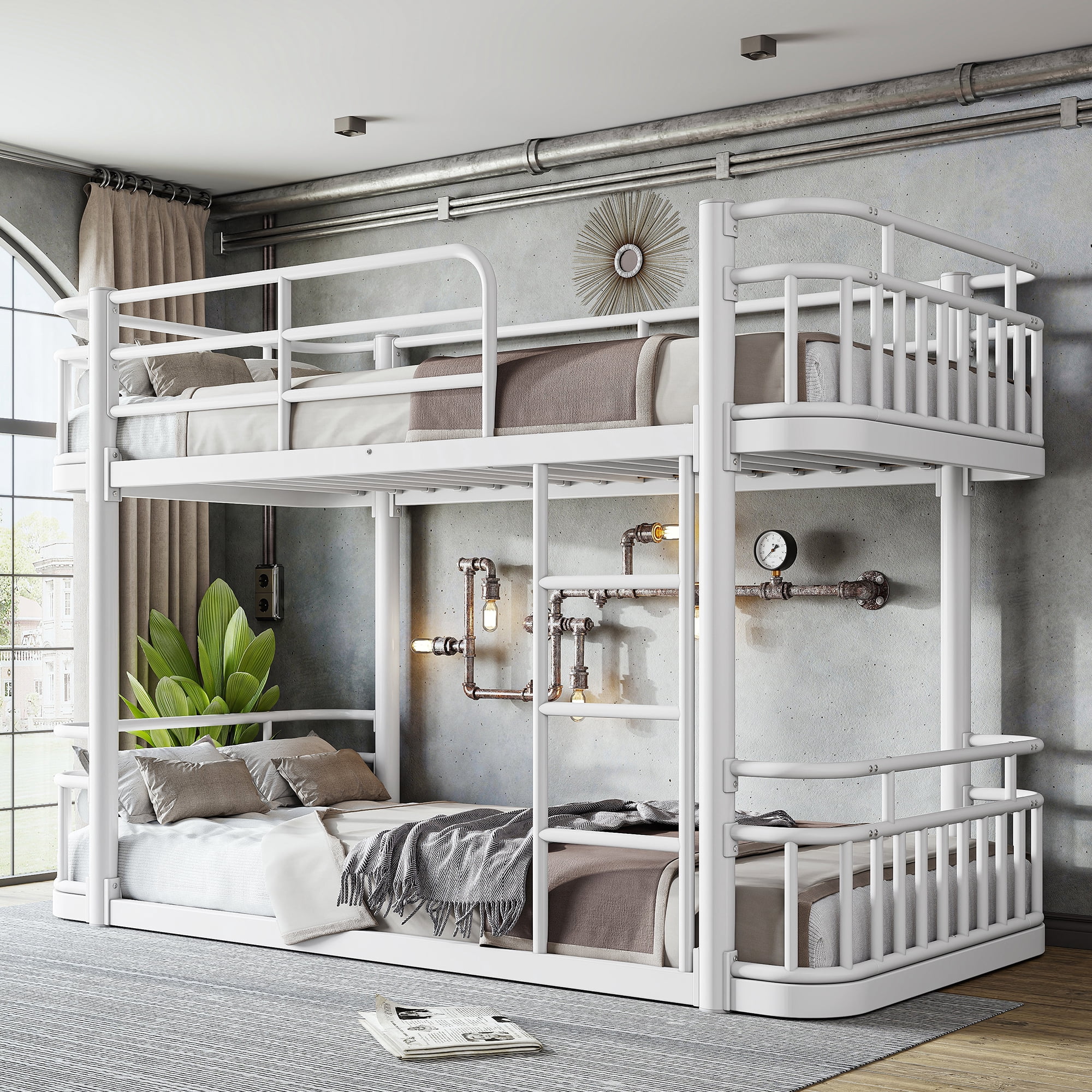 Leumius Twin XL over Twin XL Bunk Bed Frame with Ladders & Guardrails, Upgraded Round-Pipe Metal Frame, Stylish & Versatile for Any Room,White