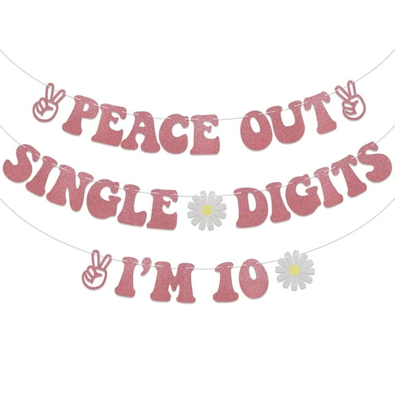 Peace Out Single Digits I'm 10 Banner - Boho Happy 10th Birthday Decorations for Girls, Double Digits 10, Groovy 10th Birthday Party Decoration Supplies Rose Gold Glitter