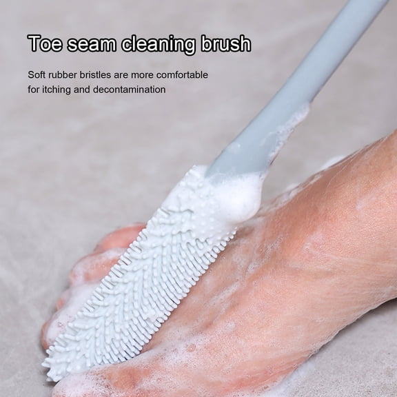Toe Seam Massage Brush for Shower - Long Handle Foot Scrubber, with Soft Rubber File, 1 Replacement Head - Applicator for Seniors Elderly Men Women - Gray
