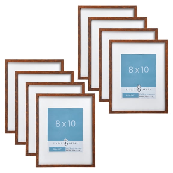 Studio Decor 8" x 10" Brown Narrow Belmont Frames with Mat - Rustic MDF Frames with White Mat & Glass/Styrene Fronts, Horizontal or Vertical Display, 8 Pack