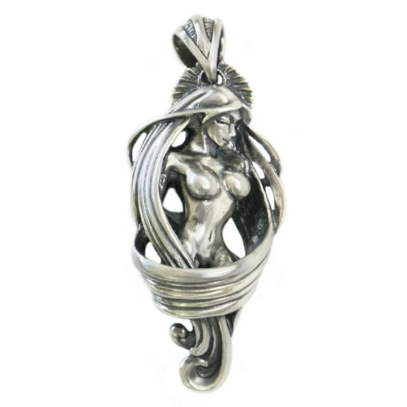 LINSION 925 Sterling Silver Long Hair Sexy Angel Pendant Mens Biker Punk Pendant TA215