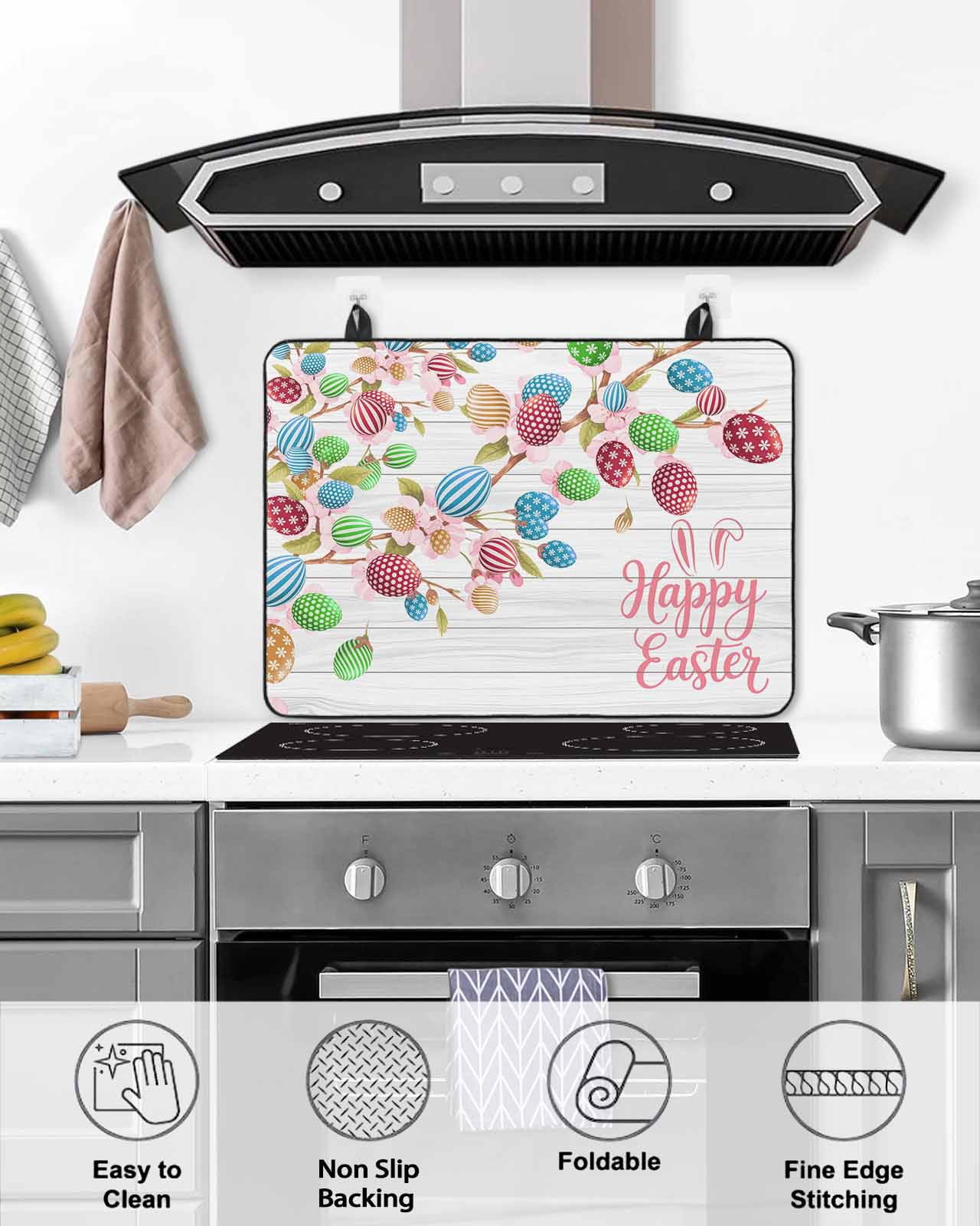 Large Induction Cooktop Protector Mat Easter Stove Top Covers for Electric Stove, Spring Funny Colorful Eggs Tree Wooden Grain Decorative Stove Burner Cover Mats, Glass Top Stove Cover