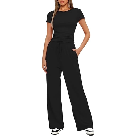 Women'S 2 Piece Set Outfits Lounge Sets Ruched Short Sleeve Tops High Waisted Wide Leg Pants Tracksuit Sets Black L