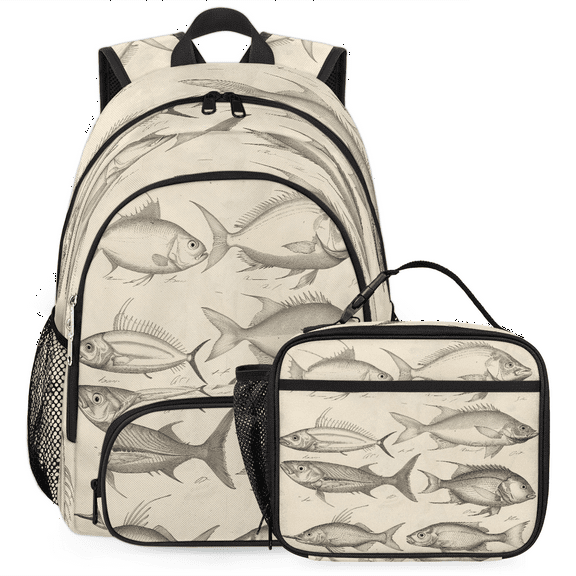Herdesigns Vintage Fish Printed Large Backpack Set with Lunch Box Lightweight Water Resistant Travel Laptop Backpacks Casual Daypacks for Women Men