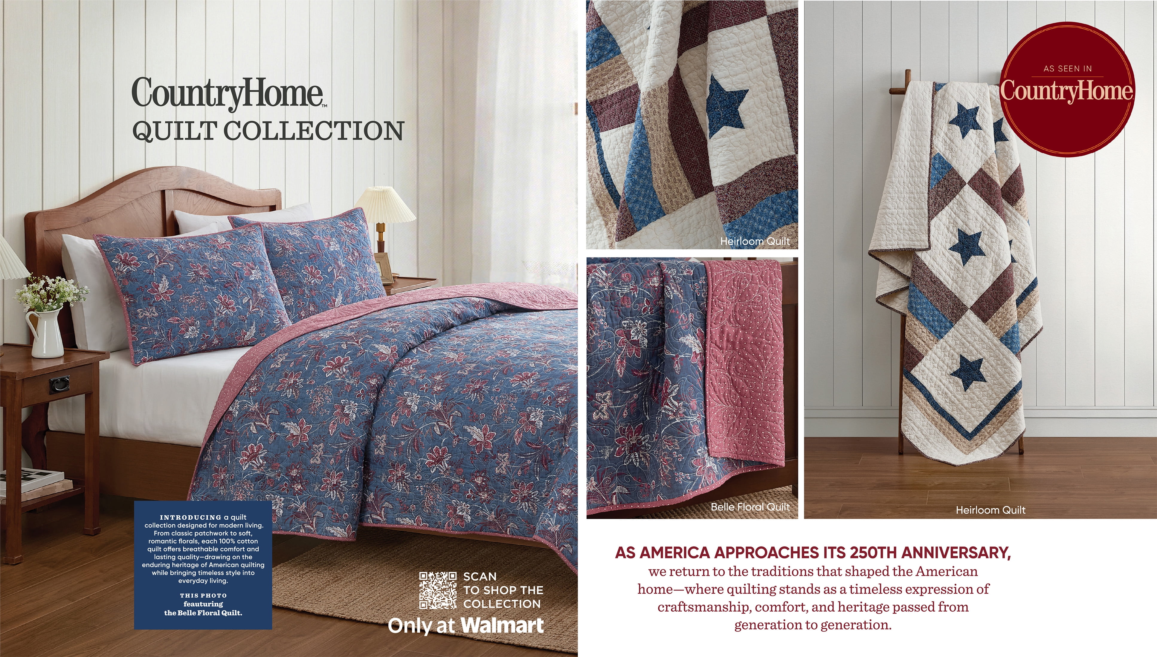Country Home Queen Quilt Set, 100% Cotton & Reversible, Americana Floral Print, 3-Piece