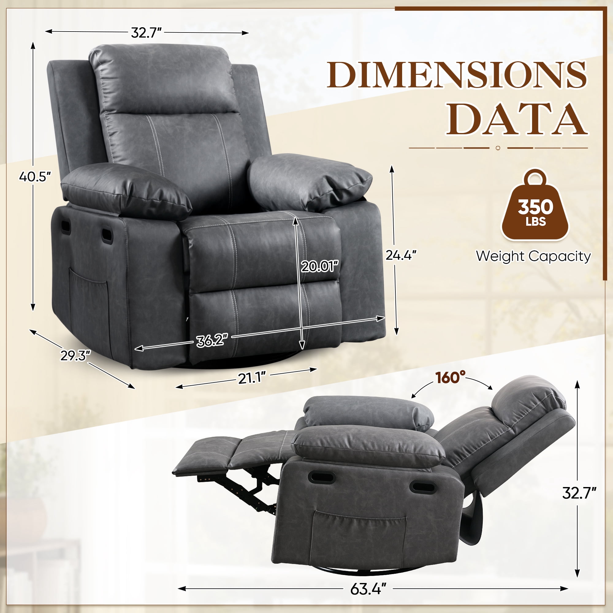 Dinosisco Swivel Rocker Recliner with Heat and Massage, Power Recliner Lounge Chair for Living Room, Gray Faux Leather