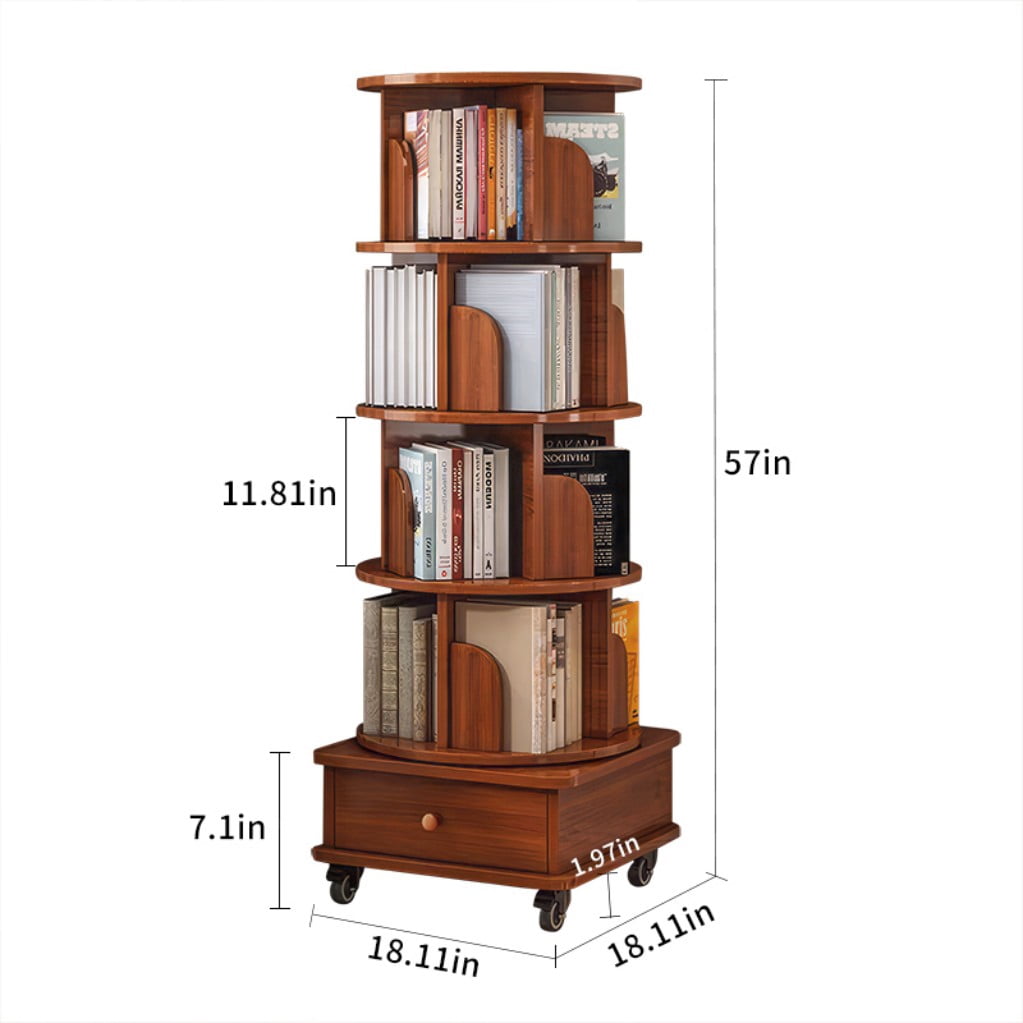 5-Tier Rotating Bookshelf with Drawer, 360° Spinning Corner Bookcase Tower, Narrow Space-Saving Floor Standing Storage Rack for Bedroom, Living Room, Walnut