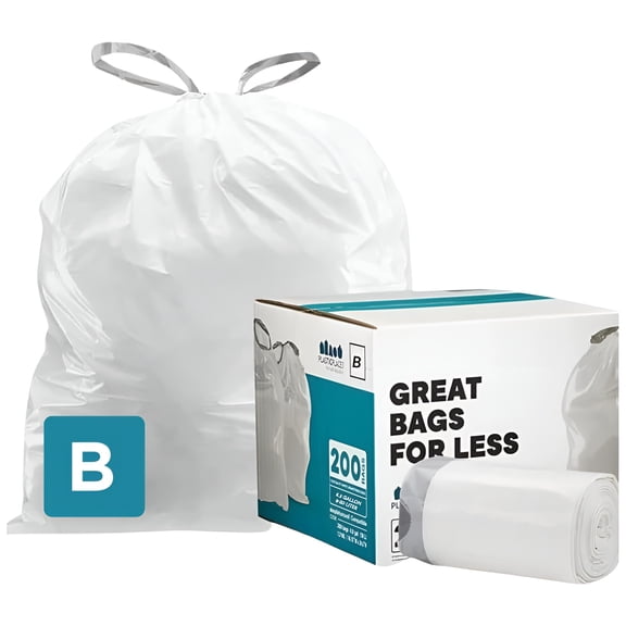 Plasticplace Trash Bags, Compatible with simplehuman Code B (200 Count) White Drawstring Garbage Liners 1.6 Gallon / 6 Liter, 12.5" x 15.5"