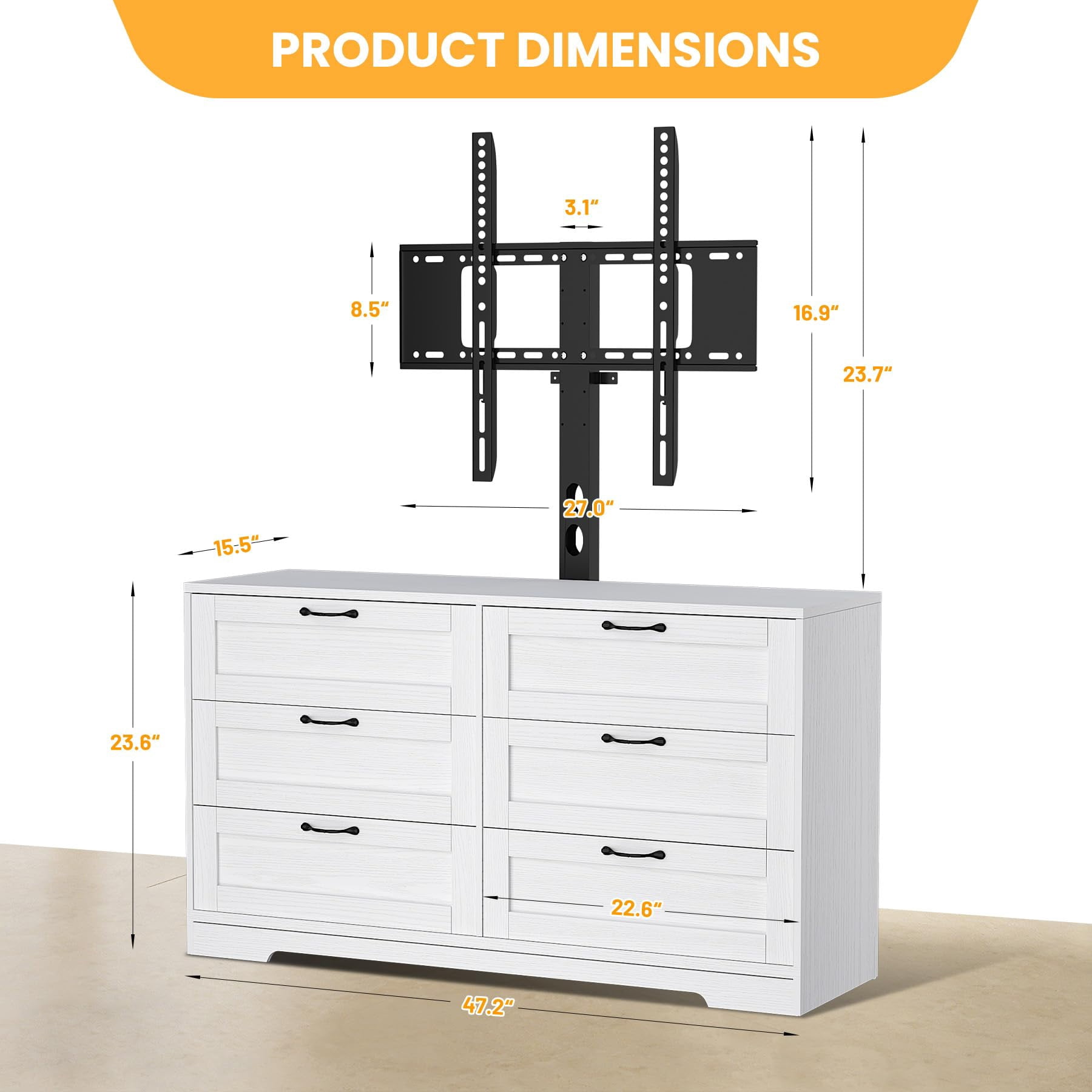 Garvee TV Stand with Mount and 6 Drawers Storage for 32/45/55/65/75/80 Inch TVs, White Entertainment Center for Bedroom, Living Room, Wood Media Console Tables,  TV Stand w/ Height Adjustable Mount