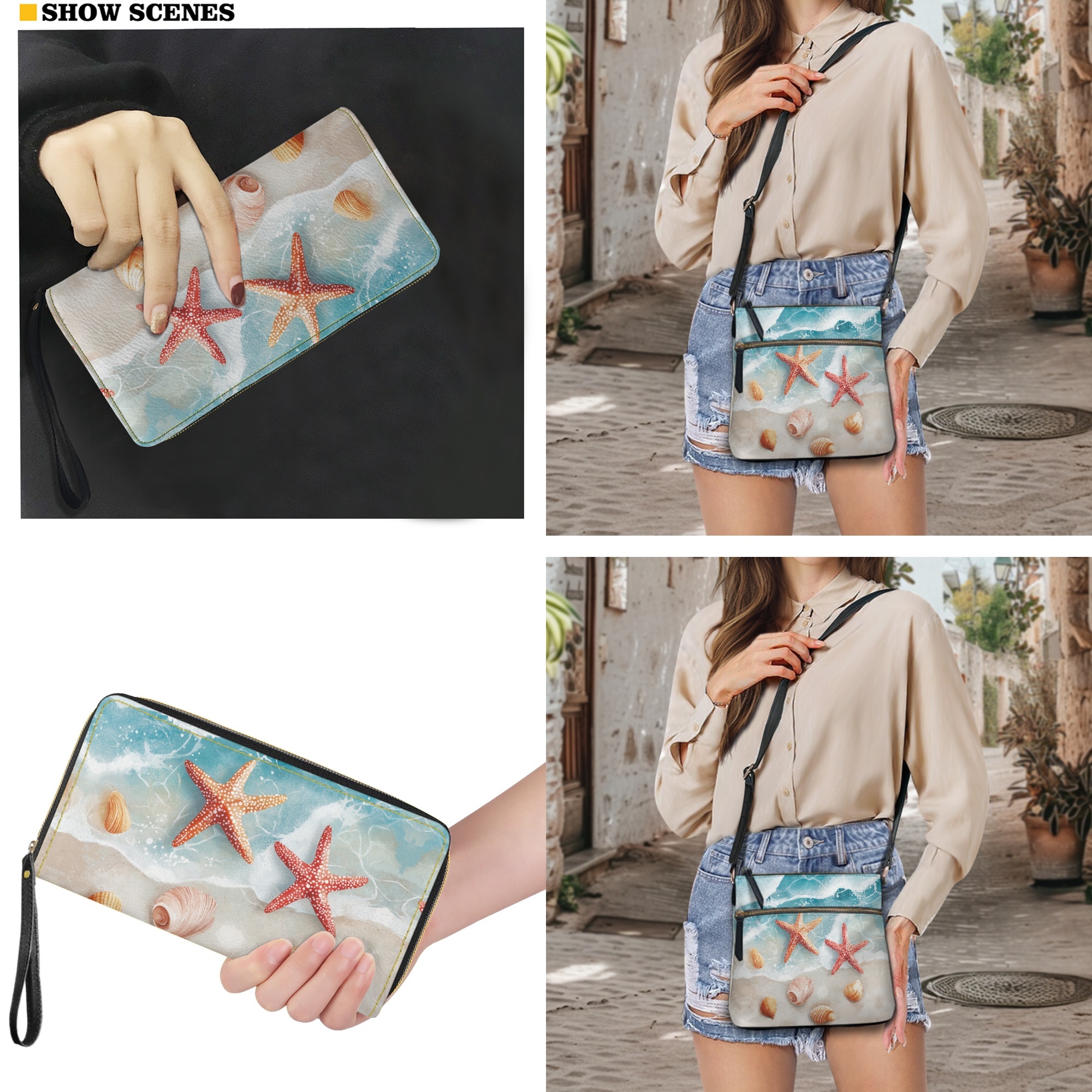 ZUXONGSY Starfish Conch Beach Print Leather Crossbody Purse & Wallet Set for Women, Large Satchel Hobo Bag with Adjustable Strap for Travel, Work & Parties