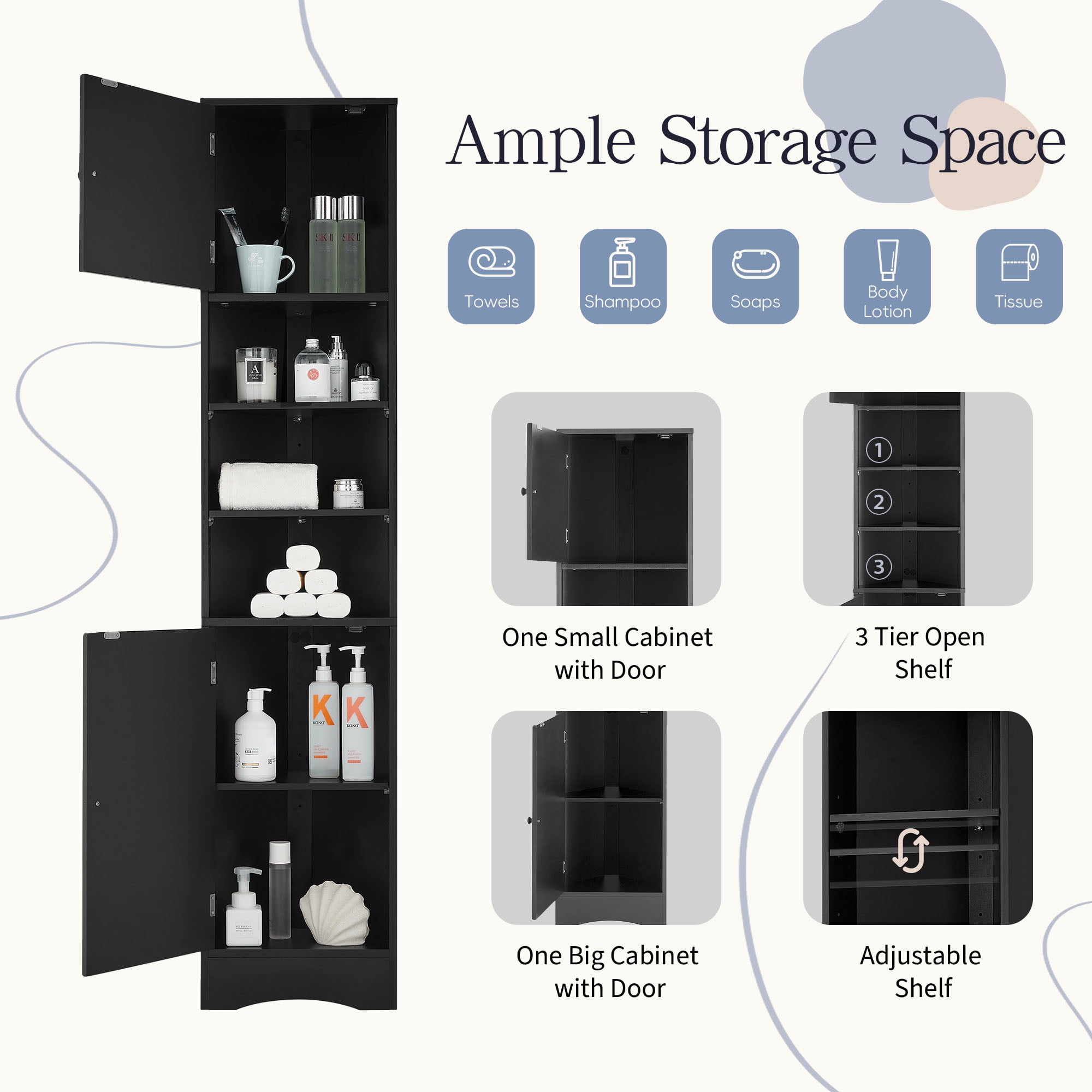 Leumius Multi-Functional Corner Bathroom Storage Cabinet with Two Doors, Adjustable Shelves, Open Shelf, Triangle Space-Saving Design, Black Finish