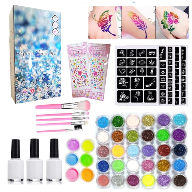 Christmas Glitter Tattoo Kits Template Flash Rhinestone Glitter Shine Flash Powder Temporary Tattoo Set Face Body Painting Art Tools