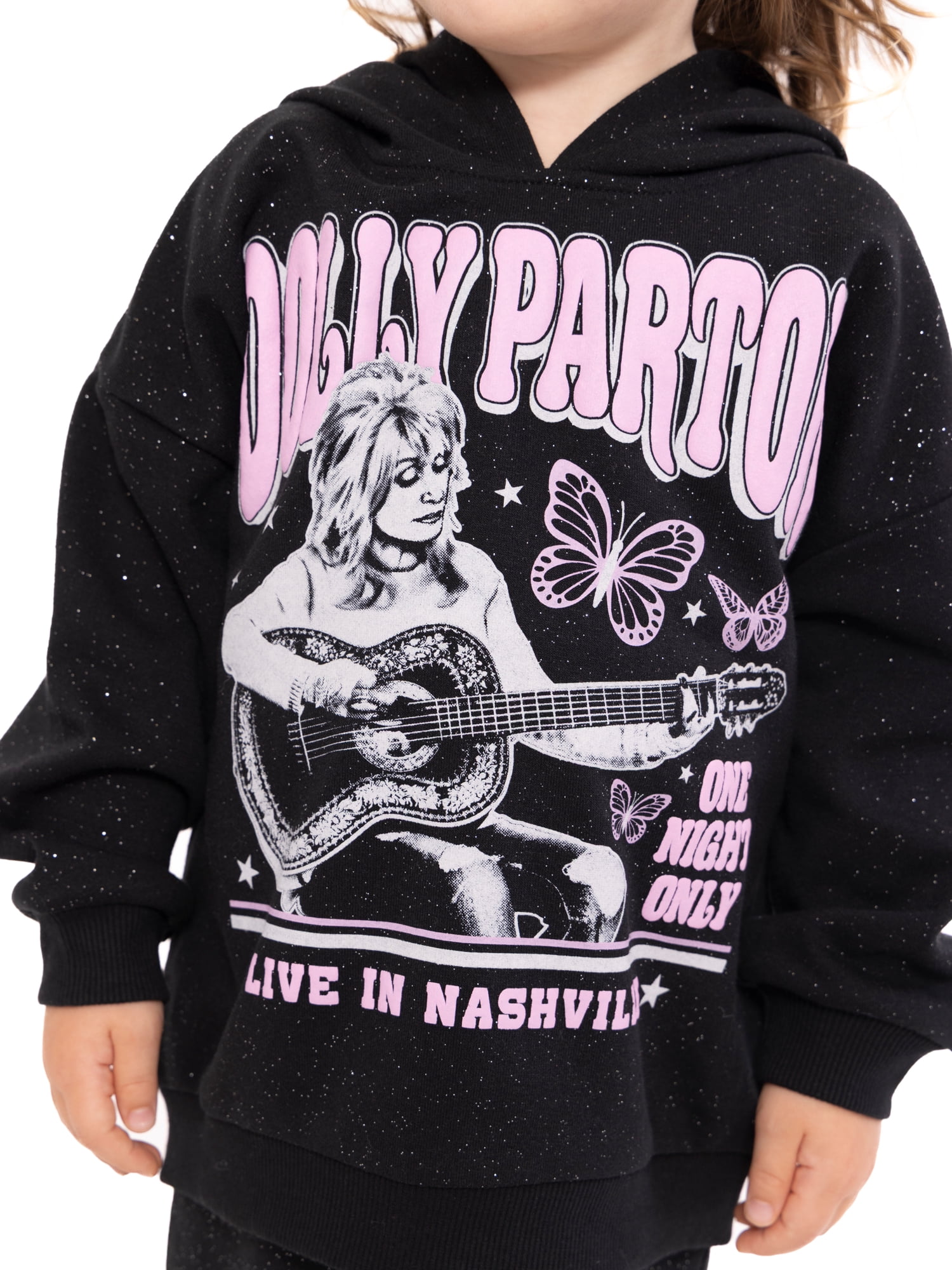 Dolly Parton Baby and Toddler Girls Graphic Glitter Hoodie and Flare Pants Set, 2-Piece, Sizes 12M-5T