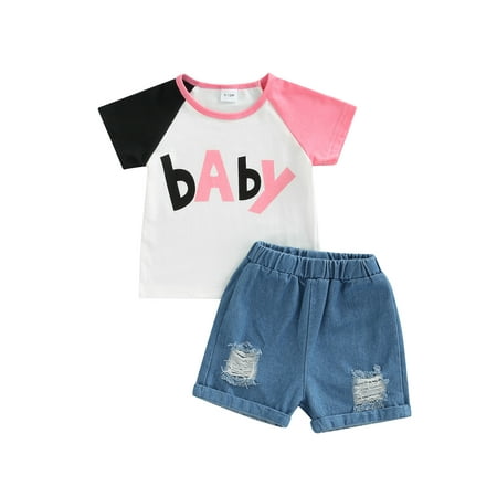 

Eyicmarn Toddler Baby Girls Casual Suit Color-Contrast Letter Printed Short Sleeve Tops+Ripped Short Pants