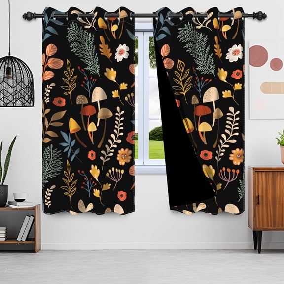 Boho Floral Blackout Curtain Set of 2 Panels,Black Mushroom Window Drapes for Living Room,42x63 inch Thermal Insulated Long Grommet Curtains