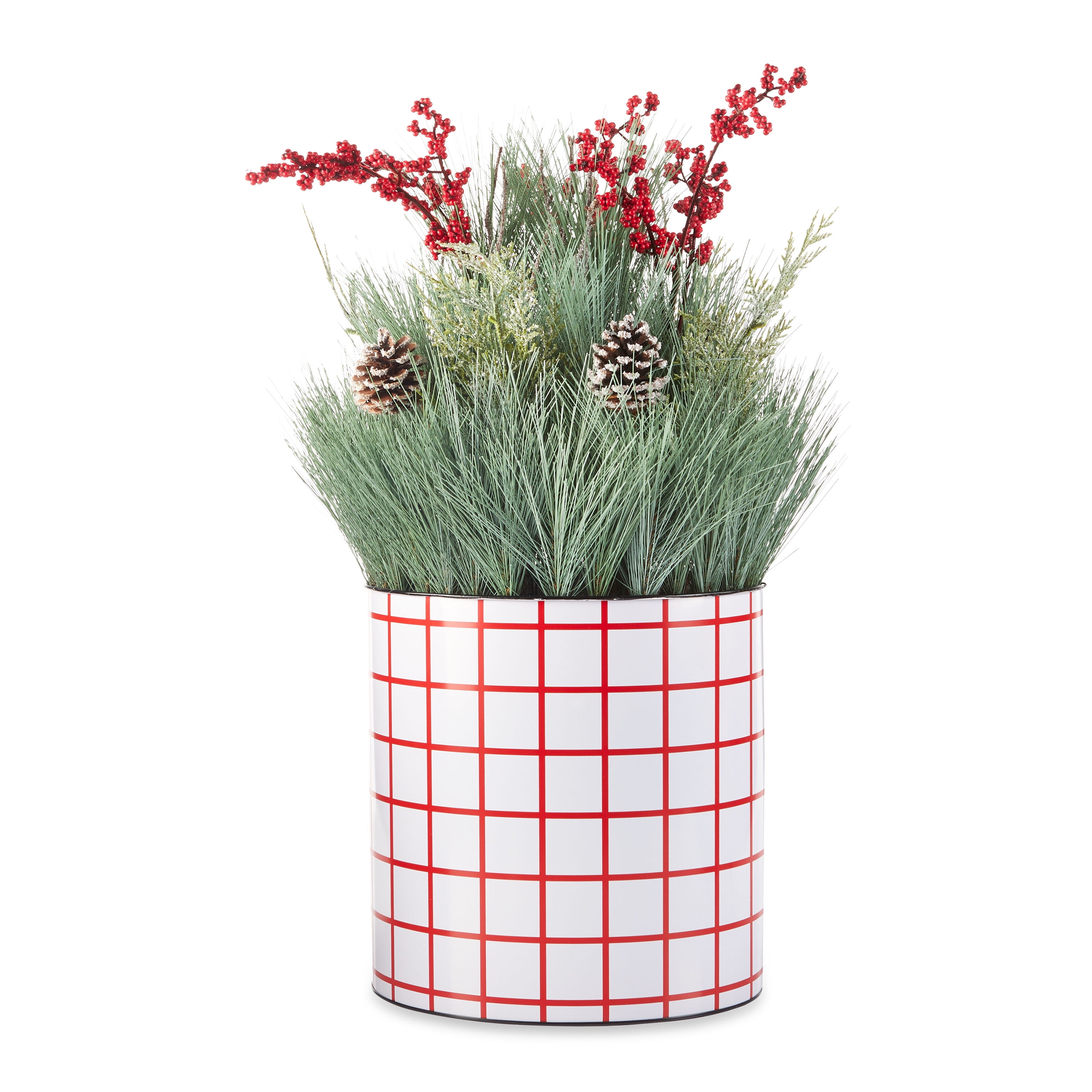 Holiday Time Plaid Bucket with Greenery Decoration, Red and White, 22"