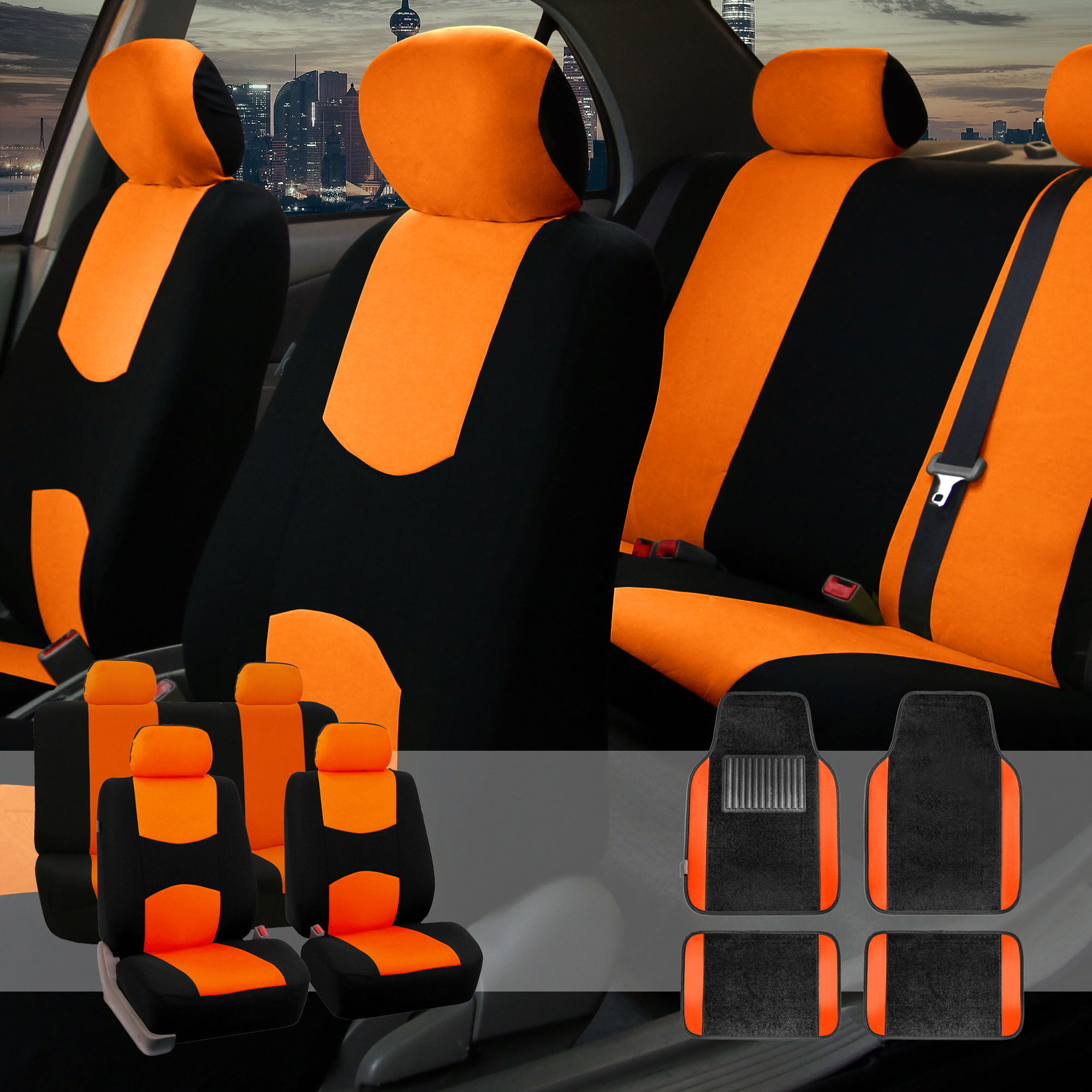 Car Seat Covers Set for Auto 4 Headrests Black Orange with Carpet Floor ...
