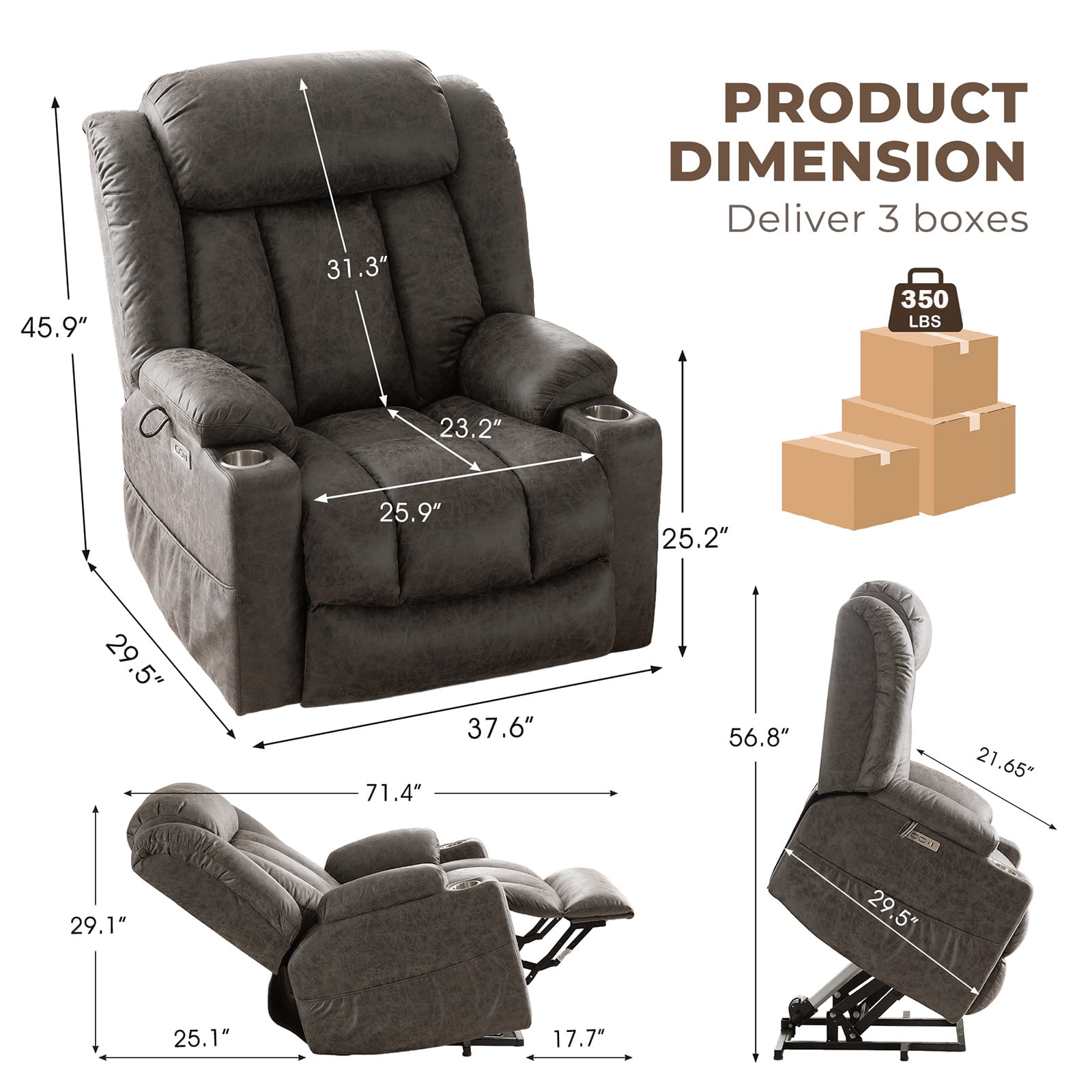 JULY'S SONG Large Power Recliner Chair with Massage and Heat, Overstuffed Wide lift chairs for elderly , Electric Oversized Recliners for Adults, Vegan Leather Grey
