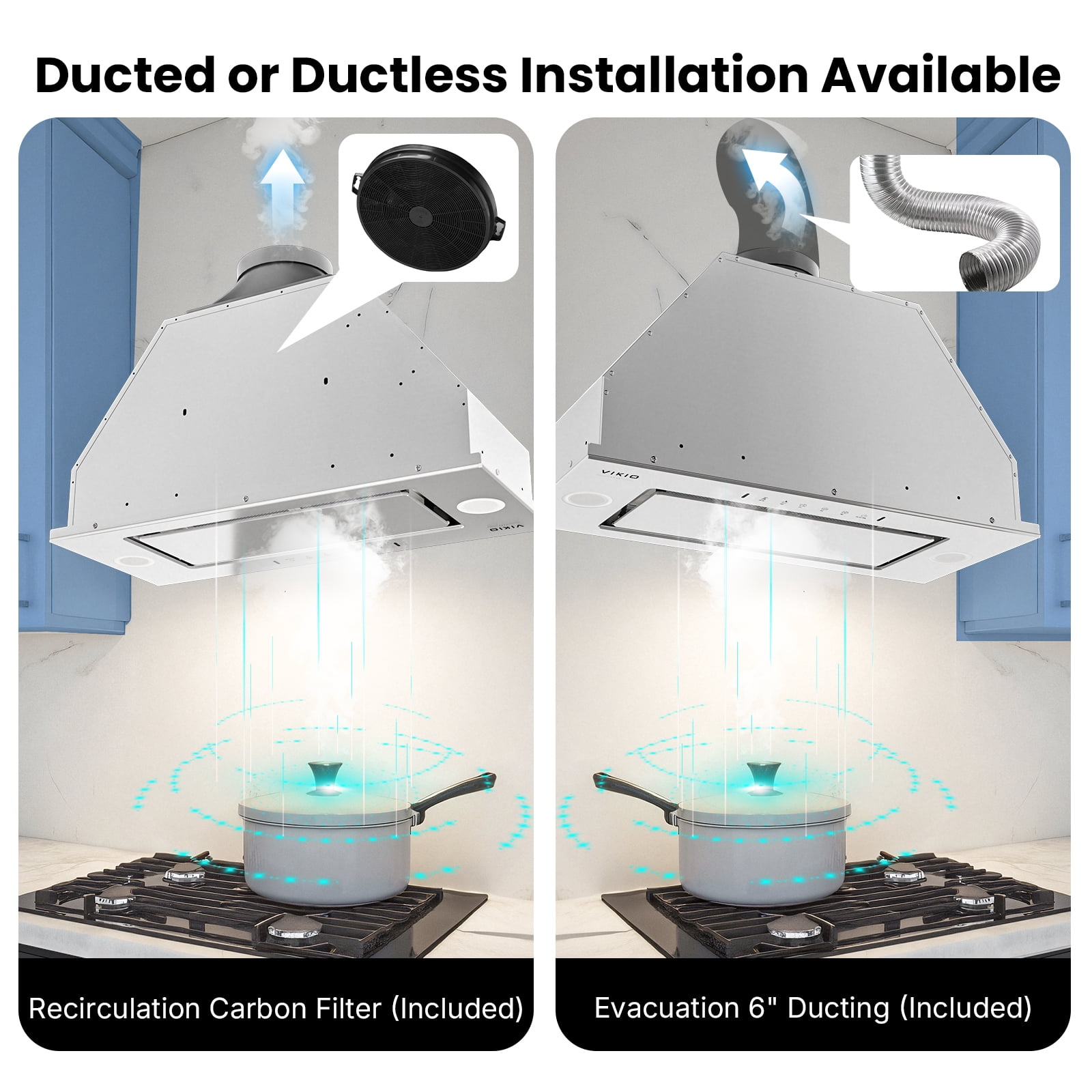VIKIO 30 inch Insert Range Hood 900CFM Convertible Ducted to Ductless Exhaust Fan, Carbon Filter, Touch Panel, Stainless Steel, Silver
