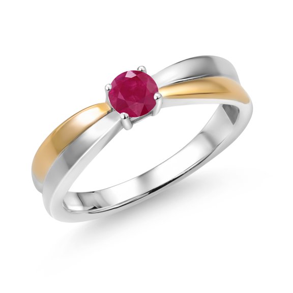 Gem Stone King 925 Silver and 10K Yellow Gold Red Ruby Solitaire Engagement Ring for Women (0.35 Cttw, Round 4MM, Gemstone Birthstone, Available in Size 5, 6, 7, 8, 9)