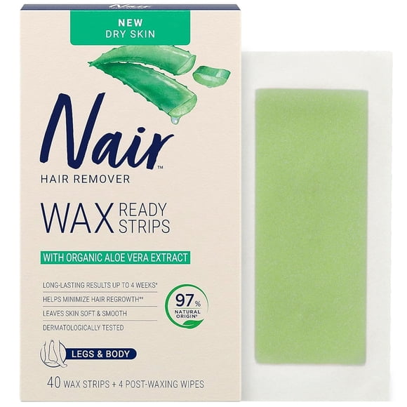 Nair Hair Removal Wax Strips Ready-to-Use with Soothing Aloe Vera for Dry Skin, Made with 97% Natural Ingredients, 40 Count Wax Strips