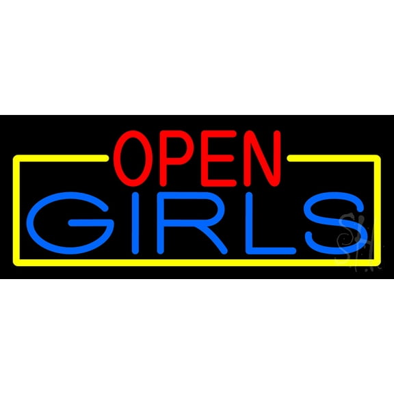 Open Girls With Yellow Border LED Neon Sign 6 x 15 - inches, Clear Edge Cut Acrylic Backing, with Dimmer - Bright and Premium built indoor LED Neon Sign for Bar decor.