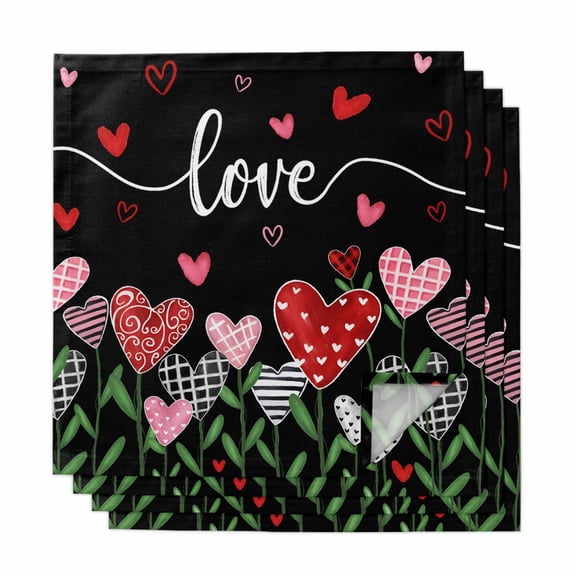 Love Black, Cloth Napkins, Saint Valentine's Heart Boho Dot Plaid Stripe Washable and Reusable Dinner Napkins Set of 4, Table Napkin for Kitchen Party Birthday Wedding Hotel Housewarming 20"x20"