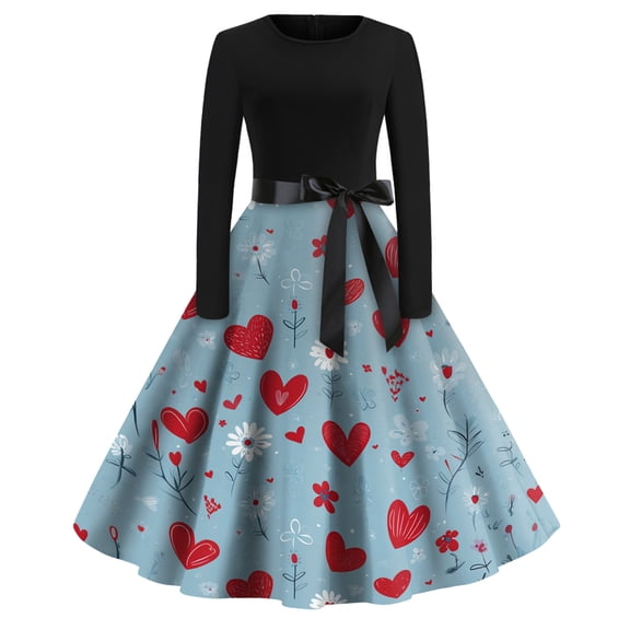 Fgvctg Valentine's Day Womens Dresses Fashion Long Sleeve Vintage Cocktail Dresses Plus Size Prom 50s Tea Dress Sweet Love Heart Print Outfit Crewneck Clothing Sky Blue 2XL