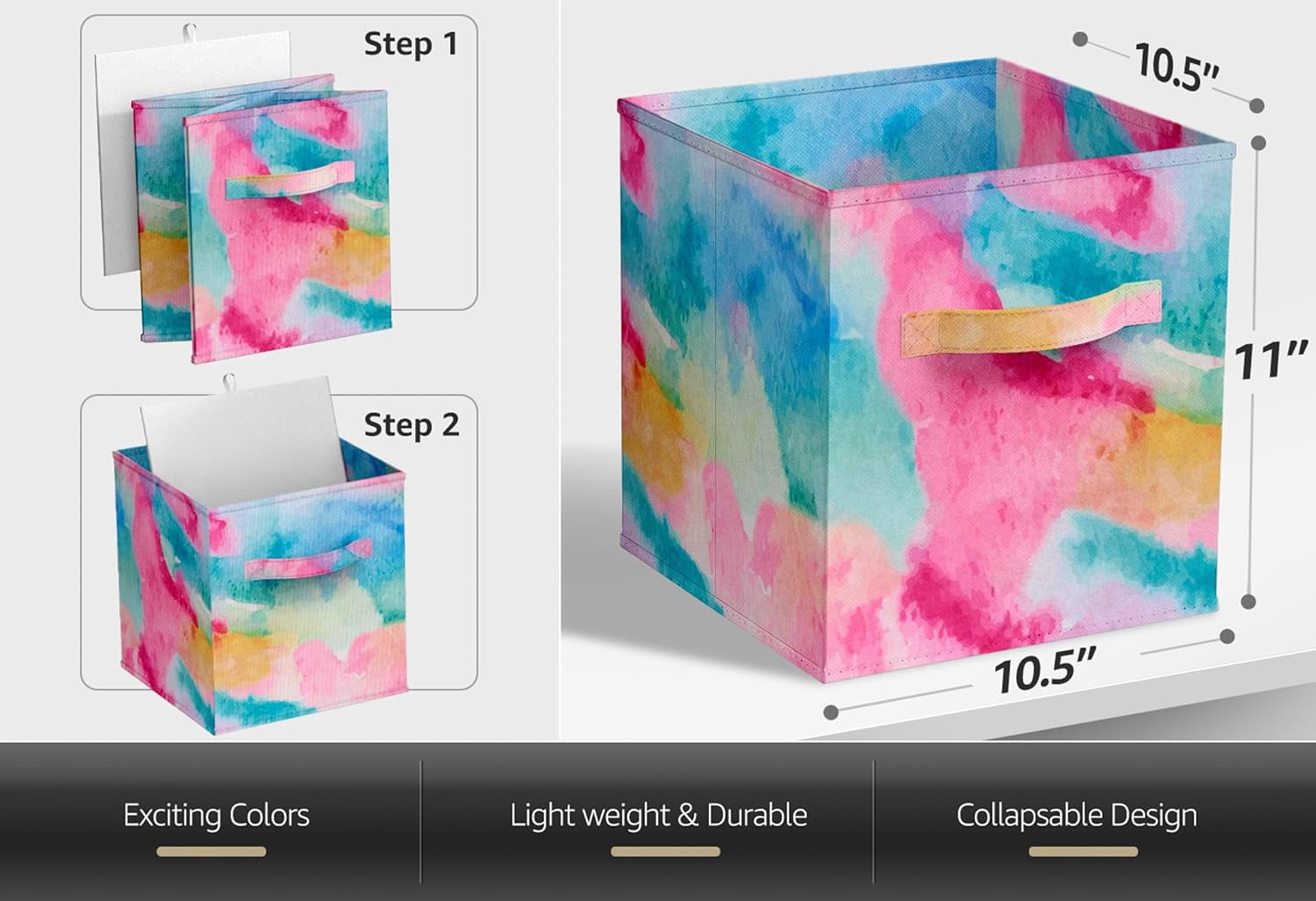 Sorbus 11" Foldable Fabric Storage Cube Bin, Tie-Dye Watercolor (2 pack)