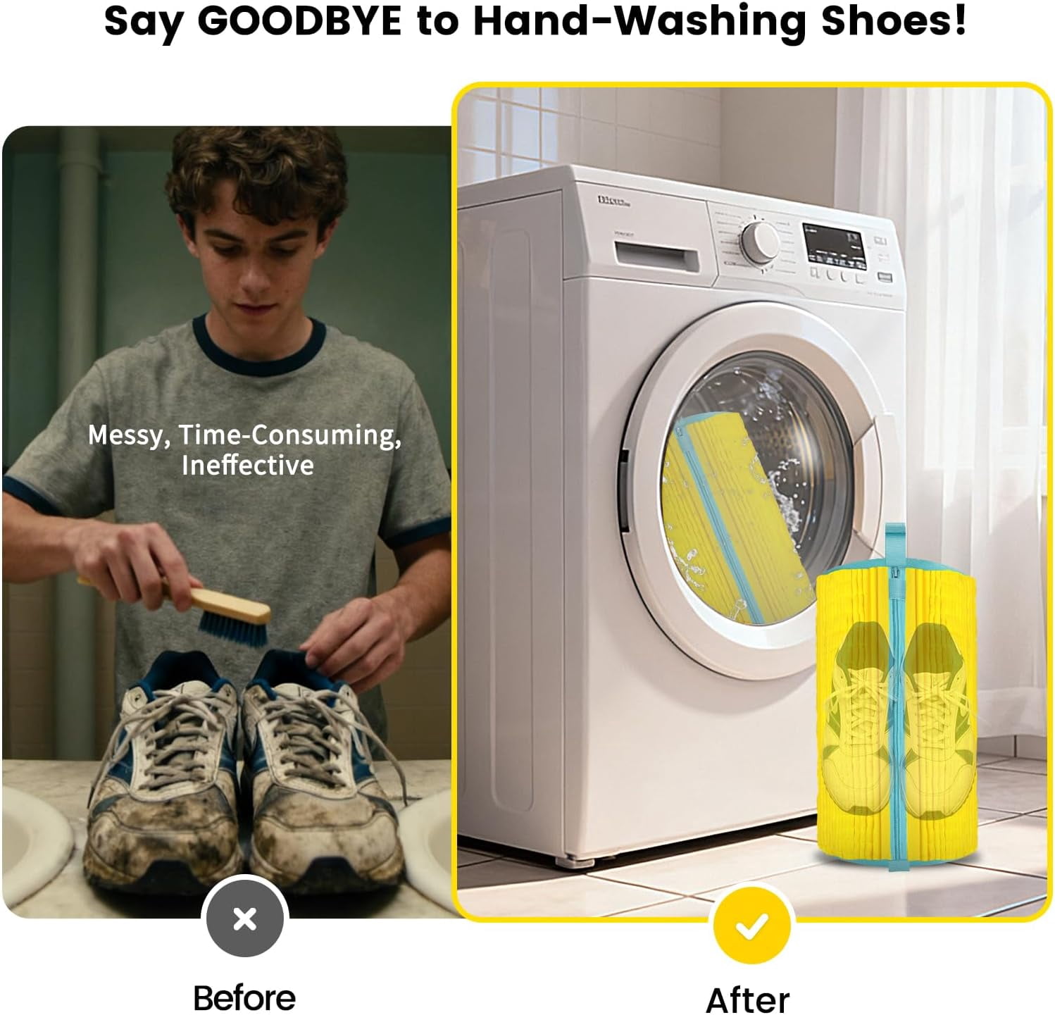 Shoe Washing Machine Bag 2-Pack - Reusable with Hidden Zipper, Washable for Sneakers, Tennis & Athletic Shoes (Yellow)