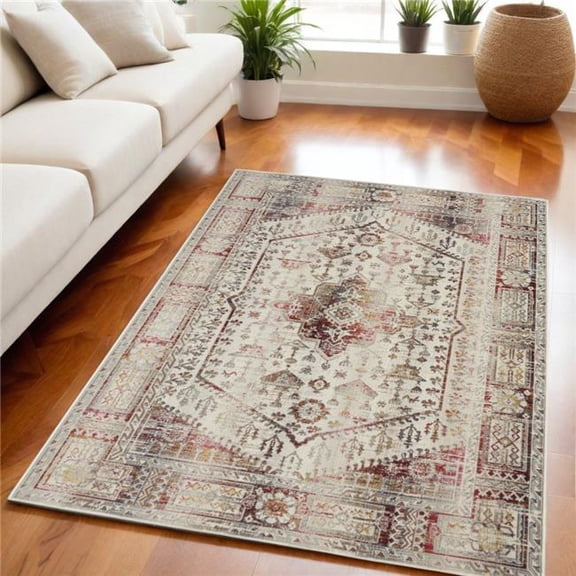 HomeRoots 552880 5 x 8 ft. Floral Distressed Rectangle Area Rug, Ivory, Red & Orange