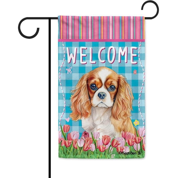 Watercolor Dog Spring Summer Welcome Garden Flag Cavalier King Charles Spaniel Tulip Flowers Blue Buffalo Plaid Outside Yard Decor Flag Banner 12.5X18 Inch Double Side Style 1