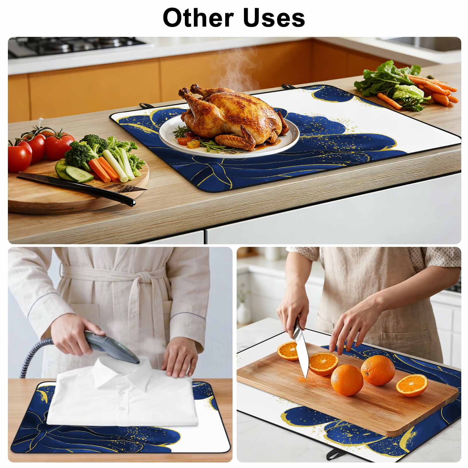 Navy Blue Gold Stove Top Cover for Electric Stove, Heat-proof & Non Slip Glass Top Stove Cover Protector, Abstract Line Art Troditional Ink Painting Kitchen Flat Cooktop Rubber Mat 31x24 Inches