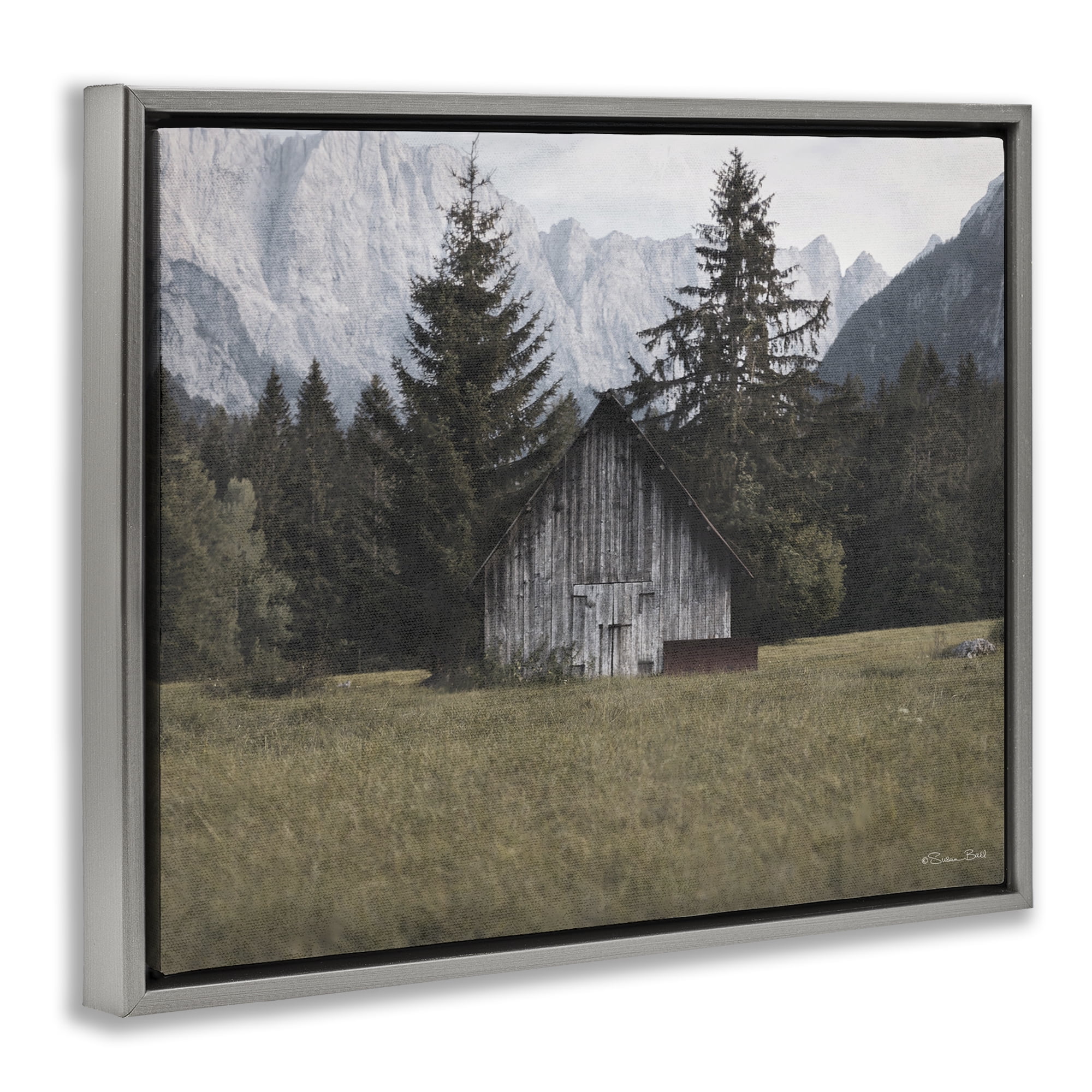 Stupell Industries Rustic Cabin Landscape Landscape Painting Gray Floater Framed Art Print Wall Art, 21 x 17