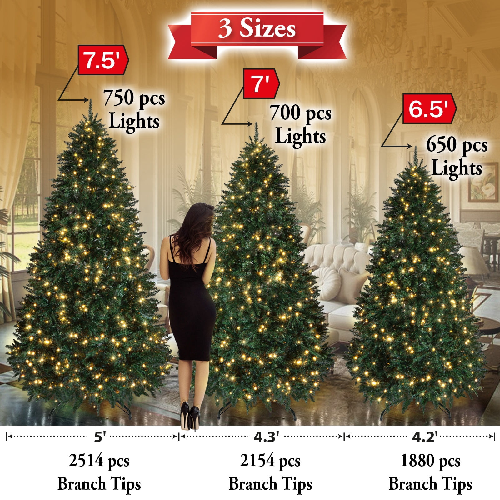 Sunrise 7 Artificial Christmas Tree with Metal Stand Full Tree Xmas Holiday (7' with 700 Clear Lights and 2154 tips) Green
