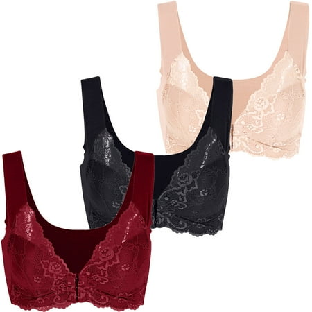 

Spdoo Women Floral Lace Bralette Wireless Front Closure Back Smoothing Push up Bra Thin Padded Underwear 3-Pack