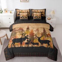 Homewish Teens Reindeer Wildlife Bedding Comforter Set 7-Piece, Rustic Farmhouse King Bedding Sets, Brown Buffalo Plaid Reversible Bed Sheets, Lightweight Room Decor